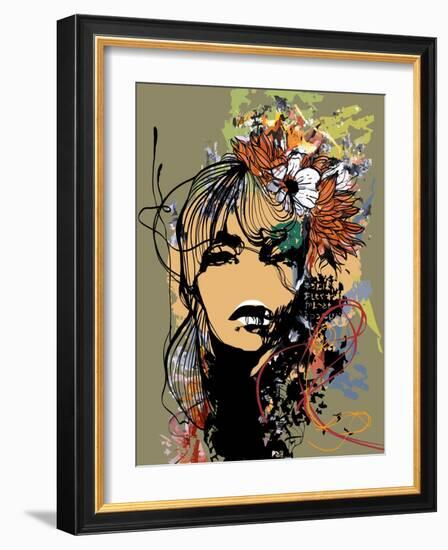 Abstract Print with Female Face, Painted Elements and Flowers-A Frants-Framed Art Print