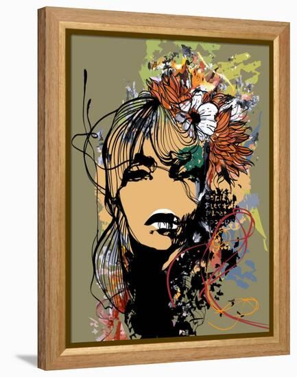 Abstract Print with Female Face, Painted Elements and Flowers-A Frants-Framed Stretched Canvas