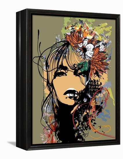 Abstract Print with Female Face, Painted Elements and Flowers-A Frants-Framed Stretched Canvas