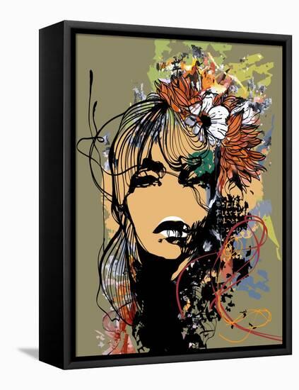 Abstract Print with Female Face, Painted Elements and Flowers-A Frants-Framed Stretched Canvas