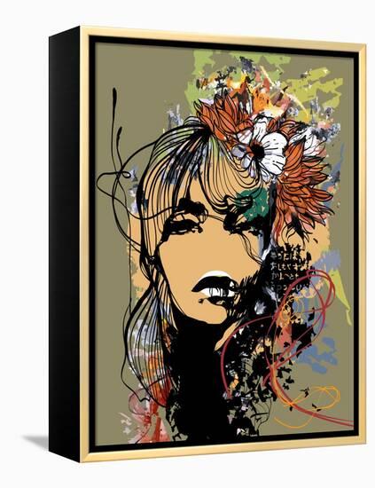 Abstract Print with Female Face, Painted Elements and Flowers-A Frants-Framed Stretched Canvas