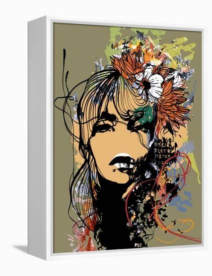 Abstract Print with Female Face, Painted Elements and Flowers-A Frants-Framed Stretched Canvas