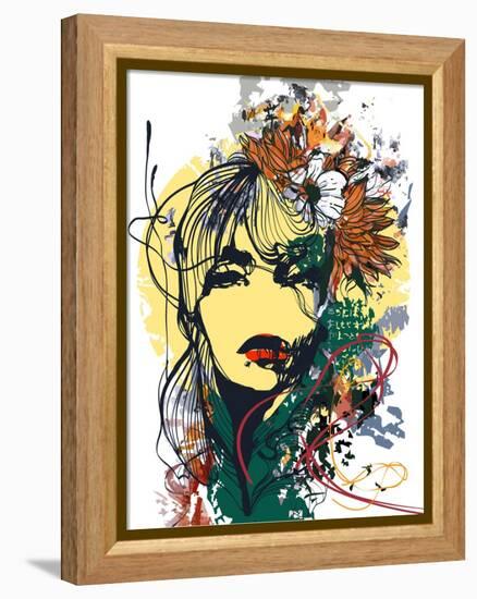 Abstract Print with Female Face, Painted Elements and Flowers-A Frants-Framed Stretched Canvas