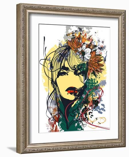 Abstract Print with Female Face, Painted Elements and Flowers-A Frants-Framed Art Print