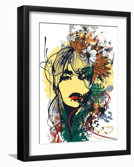 Abstract Print with Female Face, Painted Elements and Flowers-A Frants-Framed Art Print