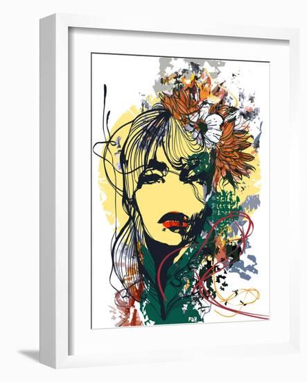 Abstract Print with Female Face, Painted Elements and Flowers-A Frants-Framed Art Print