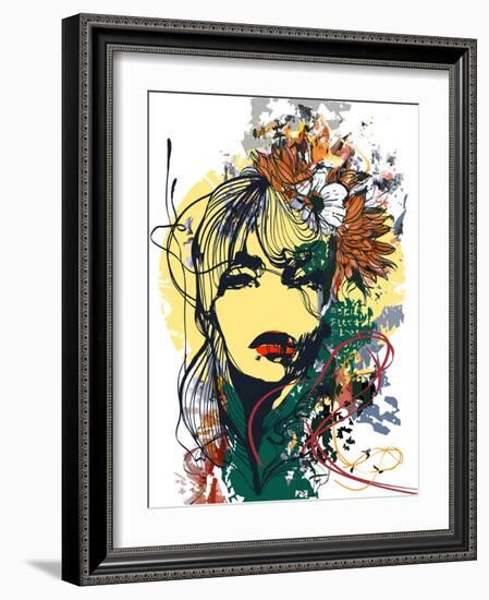 Abstract Print with Female Face, Painted Elements and Flowers-A Frants-Framed Art Print