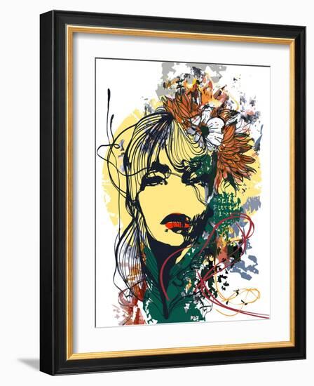 Abstract Print with Female Face, Painted Elements and Flowers-A Frants-Framed Art Print