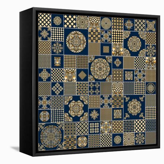 Abstract Seamless Patchwork Background from Metallic Golden Beige and Dark Indigo Blue Ornaments, G-L Kramer-Framed Stretched Canvas