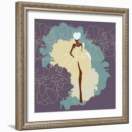 Abstract Sketch of a Woman in a Wedding Dress, Background of Watercolor Spots, Fashion Week, Color-Viktoriya Panasenko-Framed Art Print