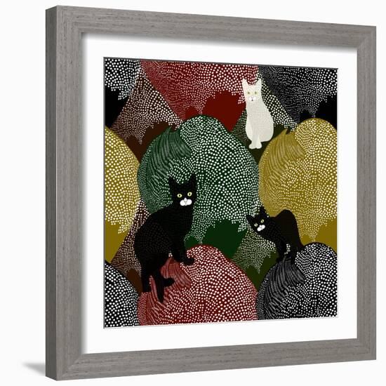 Abstract Sketch of Fun Little Black and White Kittens on a Colorful Background with Polka Dots, Fas-Viktoriya Panasenko-Framed Art Print