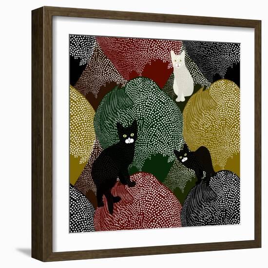 Abstract Sketch of Fun Little Black and White Kittens on a Colorful Background with Polka Dots, Fas-Viktoriya Panasenko-Framed Art Print
