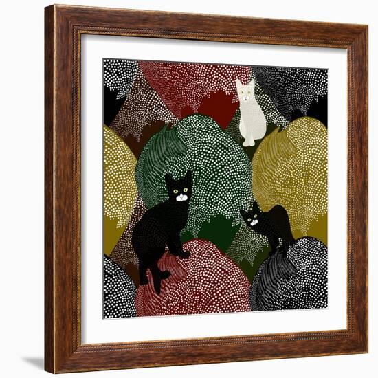Abstract Sketch of Fun Little Black and White Kittens on a Colorful Background with Polka Dots, Fas-Viktoriya Panasenko-Framed Art Print