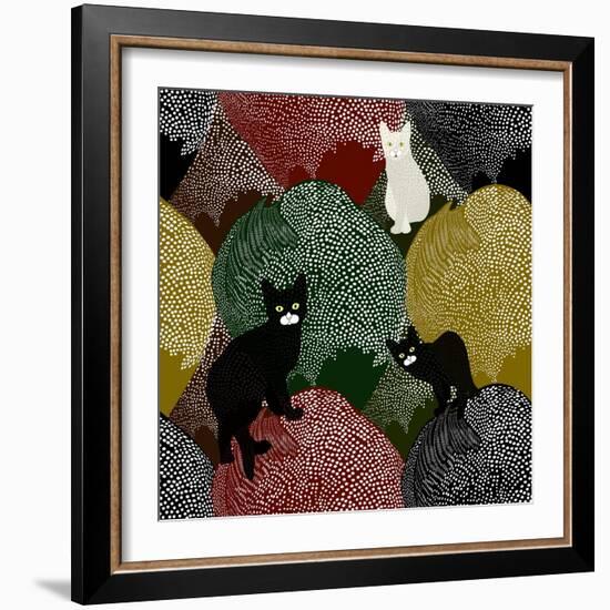 Abstract Sketch of Fun Little Black and White Kittens on a Colorful Background with Polka Dots, Fas-Viktoriya Panasenko-Framed Art Print