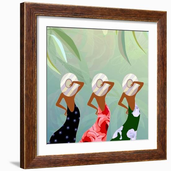 Abstract Sketch of Models in Dresses with Floral (Green, Red and Black) and Striped Hats, Backgroun-Viktoriya Panasenko-Framed Art Print
