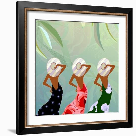 Abstract Sketch of Models in Dresses with Floral (Green, Red and Black) and Striped Hats, Backgroun-Viktoriya Panasenko-Framed Art Print