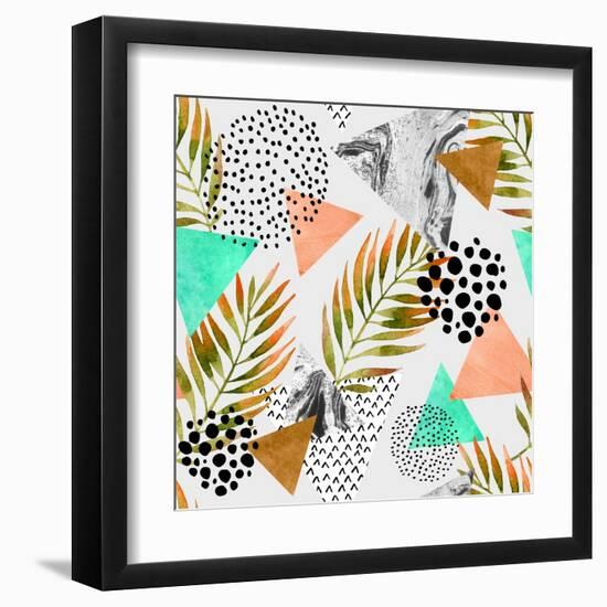 Abstract Summer Geometric Seamless Pattern. Triangles with Palm Leaf and Marble Grunge Textures. Ab-Syrytsyna Tetiana-Framed Art Print