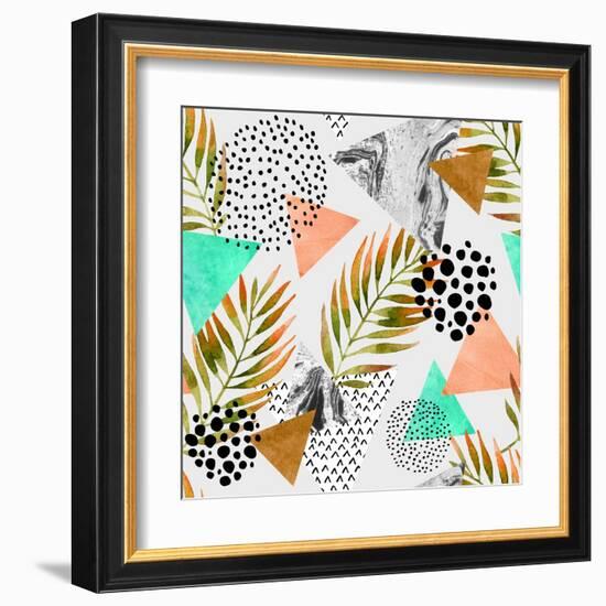 Abstract Summer Geometric Seamless Pattern. Triangles with Palm Leaf and Marble Grunge Textures. Ab-Syrytsyna Tetiana-Framed Art Print