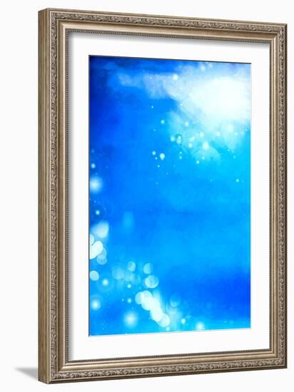 Abstract Textured Background: White Bokeh Patterns on Blue Sky-Like Backdrop-iulias-Framed Art Print