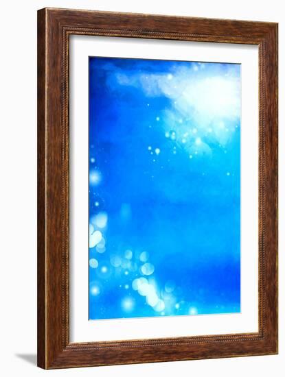 Abstract Textured Background: White Bokeh Patterns on Blue Sky-Like Backdrop-iulias-Framed Art Print