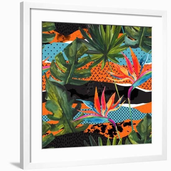 Abstract Tropical Summer Pattern - Watercolor Exotic Flower, Monstera, and Palm Leaves-tanycya-Framed Art Print