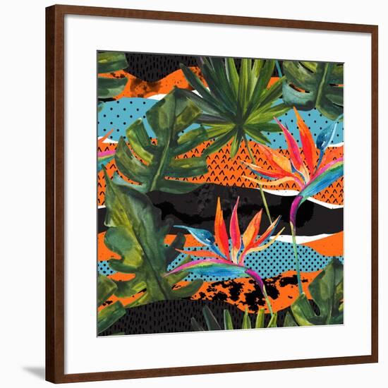 Abstract Tropical Summer Pattern - Watercolor Exotic Flower, Monstera, and Palm Leaves-tanycya-Framed Art Print