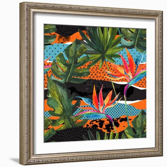 Abstract Tropical Summer Pattern - Watercolor Exotic Flower, Monstera, and Palm Leaves-tanycya-Framed Premium Giclee Print