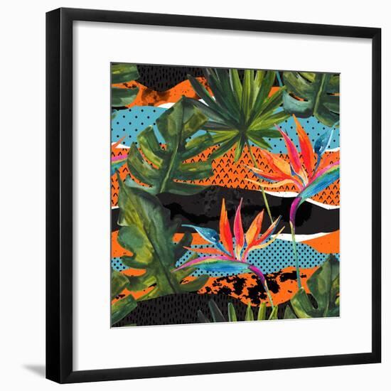 Abstract Tropical Summer Pattern - Watercolor Exotic Flower, Monstera, and Palm Leaves-tanycya-Framed Premium Giclee Print