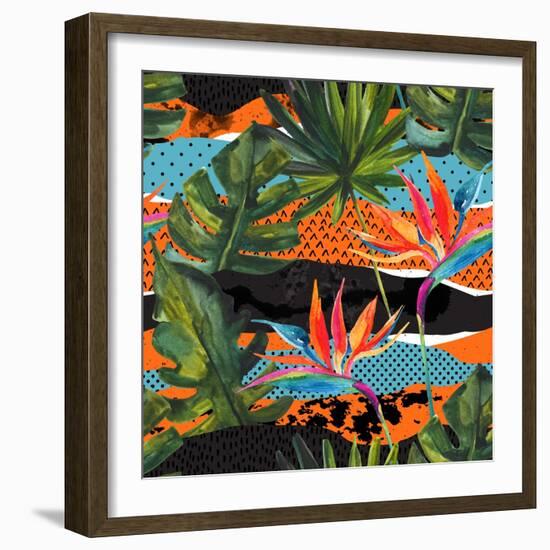 Abstract Tropical Summer Pattern - Watercolor Exotic Flower, Monstera, and Palm Leaves-tanycya-Framed Premium Giclee Print