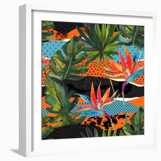 Abstract Tropical Summer Pattern - Watercolor Exotic Flower, Monstera, and Palm Leaves-tanycya-Framed Premium Giclee Print