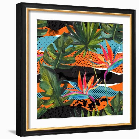 Abstract Tropical Summer Pattern - Watercolor Exotic Flower, Monstera, and Palm Leaves-tanycya-Framed Premium Giclee Print