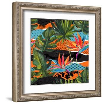 Abstract Tropical Summer Pattern - Watercolor Exotic Flower, Monstera, and Palm Leaves-tanycya-Framed Art Print
