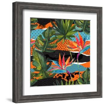 Abstract Tropical Summer Pattern - Watercolor Exotic Flower, Monstera, and Palm Leaves-tanycya-Framed Art Print