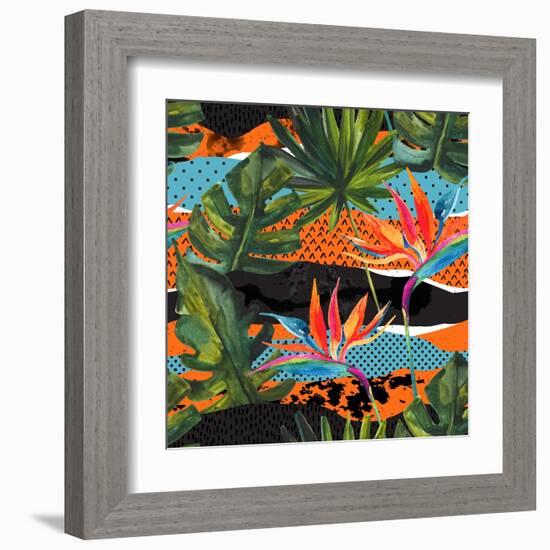 Abstract Tropical Summer Pattern - Watercolor Exotic Flower, Monstera, and Palm Leaves-tanycya-Framed Art Print