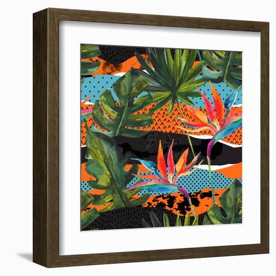 Abstract Tropical Summer Pattern - Watercolor Exotic Flower, Monstera, and Palm Leaves-tanycya-Framed Art Print