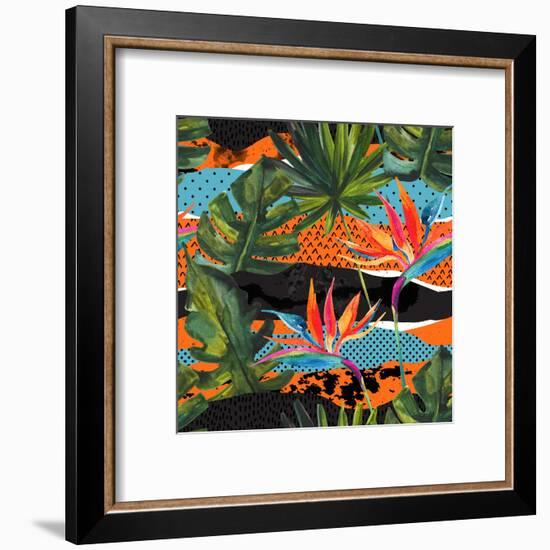 Abstract Tropical Summer Pattern - Watercolor Exotic Flower, Monstera, and Palm Leaves-tanycya-Framed Art Print