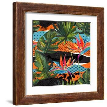 Abstract Tropical Summer Pattern - Watercolor Exotic Flower, Monstera, and Palm Leaves-tanycya-Framed Art Print