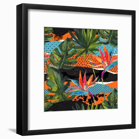 Abstract Tropical Summer Pattern - Watercolor Exotic Flower, Monstera, and Palm Leaves-tanycya-Framed Art Print