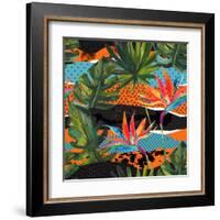 Abstract Tropical Summer Pattern - Watercolor Exotic Flower, Monstera, and Palm Leaves-tanycya-Framed Art Print