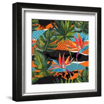 Abstract Tropical Summer Pattern - Watercolor Exotic Flower, Monstera, and Palm Leaves-tanycya-Framed Art Print