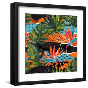 Abstract Tropical Summer Pattern - Watercolor Exotic Flower, Monstera, and Palm Leaves-tanycya-Framed Art Print