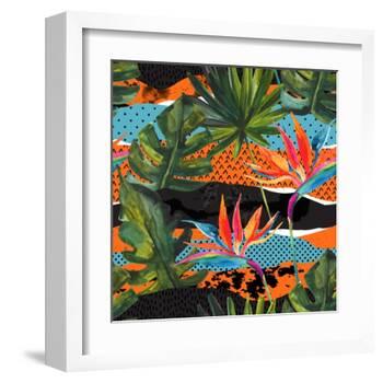Abstract Tropical Summer Pattern - Watercolor Exotic Flower, Monstera, and Palm Leaves-tanycya-Framed Art Print