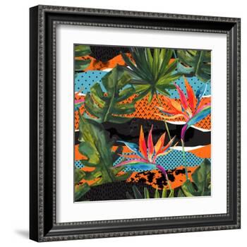 Abstract Tropical Summer Pattern - Watercolor Exotic Flower, Monstera, and Palm Leaves-tanycya-Framed Art Print