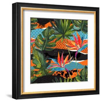 Abstract Tropical Summer Pattern - Watercolor Exotic Flower, Monstera, and Palm Leaves-tanycya-Framed Art Print