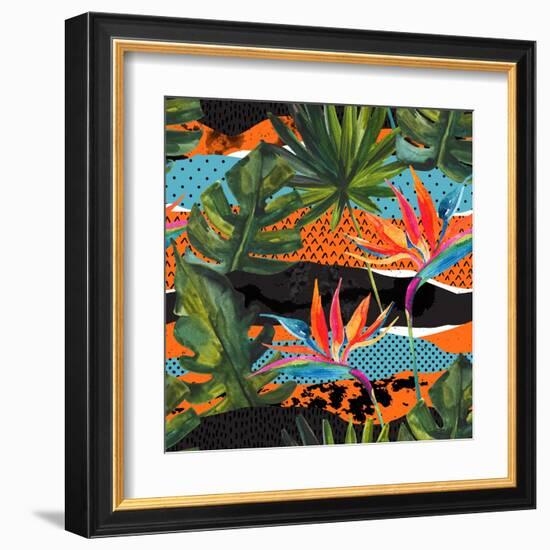 Abstract Tropical Summer Pattern - Watercolor Exotic Flower, Monstera, and Palm Leaves-tanycya-Framed Art Print