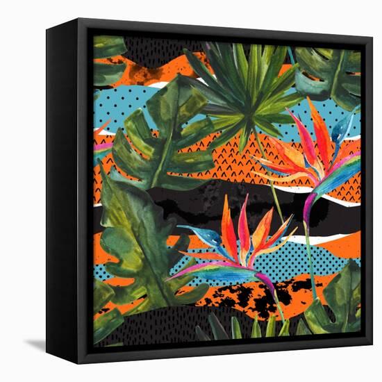 Abstract Tropical Summer Pattern - Watercolor Exotic Flower, Monstera, and Palm Leaves-tanycya-Framed Stretched Canvas