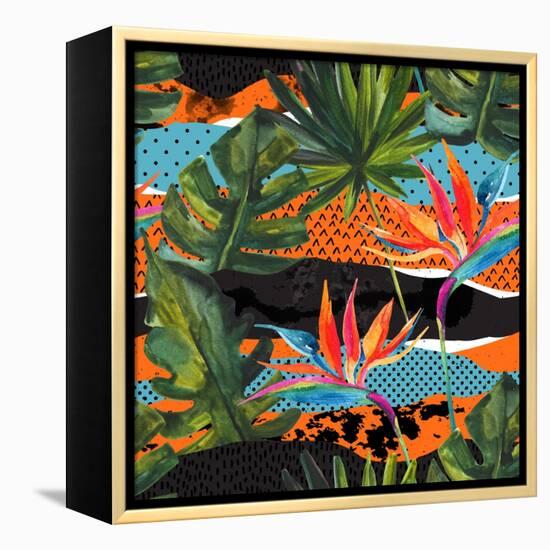 Abstract Tropical Summer Pattern - Watercolor Exotic Flower, Monstera, and Palm Leaves-tanycya-Framed Stretched Canvas