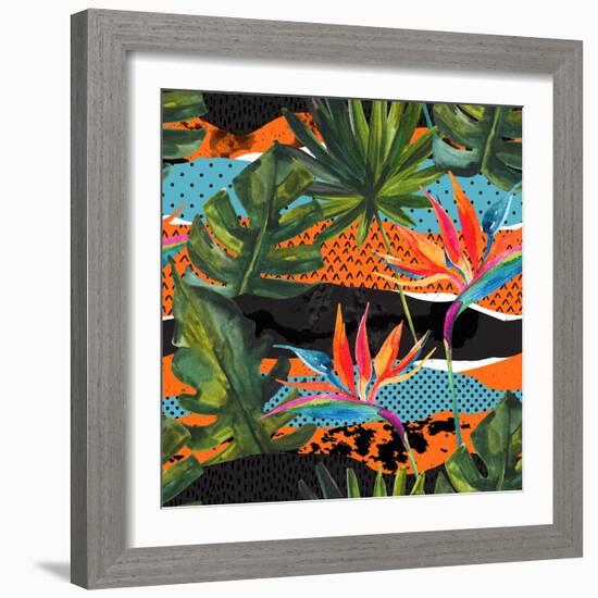 Abstract Tropical Summer Pattern - Watercolor Exotic Flower, Monstera, and Palm Leaves-tanycya-Framed Art Print