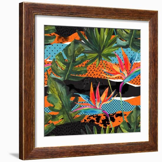 Abstract Tropical Summer Pattern - Watercolor Exotic Flower, Monstera, and Palm Leaves-tanycya-Framed Art Print