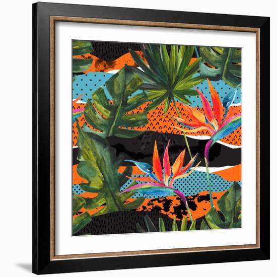 Abstract Tropical Summer Pattern - Watercolor Exotic Flower, Monstera, and Palm Leaves-tanycya-Framed Art Print